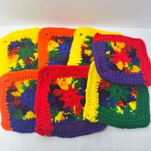 Handmade Rainbow Crochet Coaster Granny Squares Set of 6 Multicolor Boho Craft